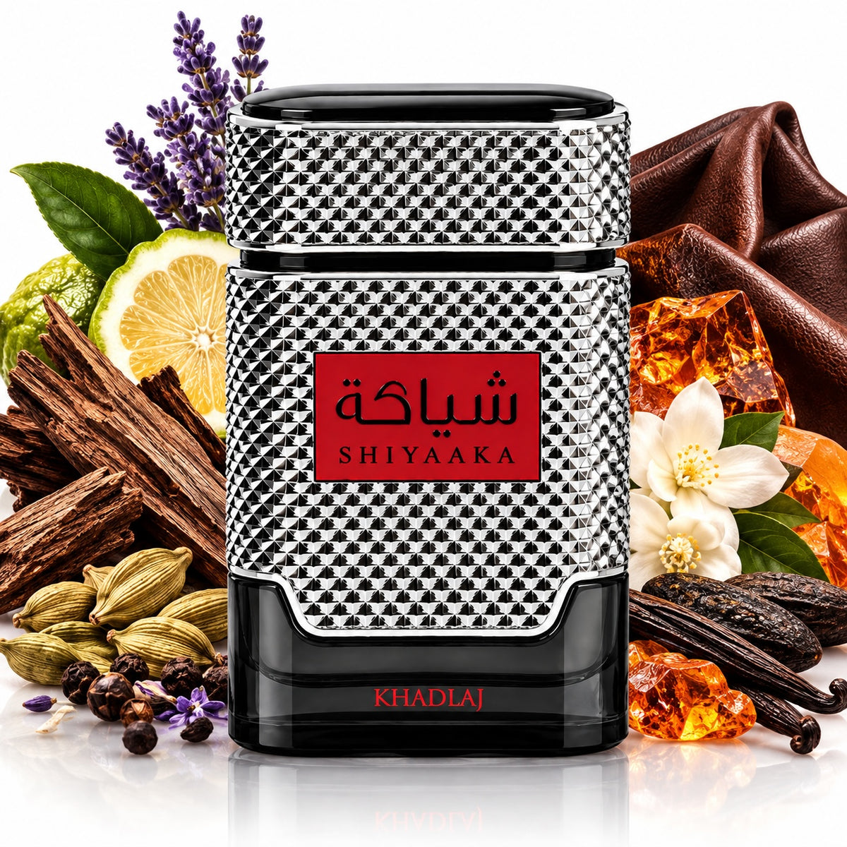 Noor Fragrances Shiyaaka Eau De Parfum in a textured silver and black bottle surrounded by citrus, wood, and flowers.