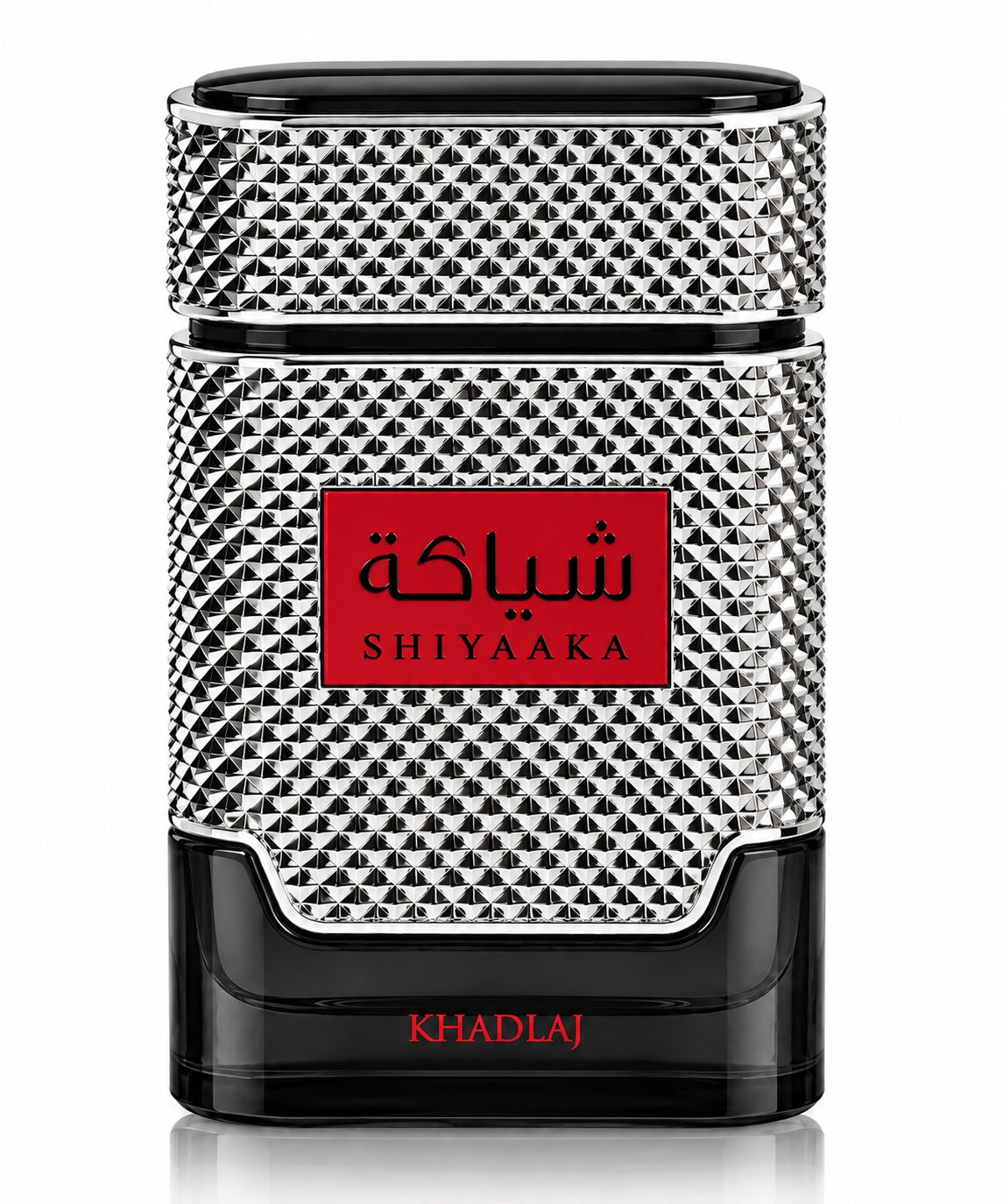 Noor Fragrances KHADLAJ Shiyaaka Eau de Parfum in a textured silver and black bottle with a bold red label