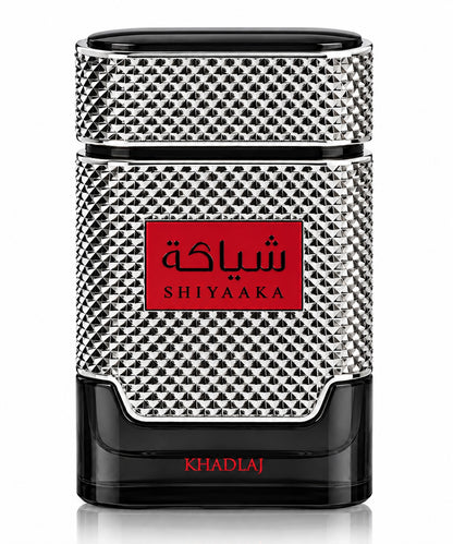 Noor Fragrances KHADLAJ Shiyaaka Eau de Parfum in a textured silver and black bottle with a bold red label