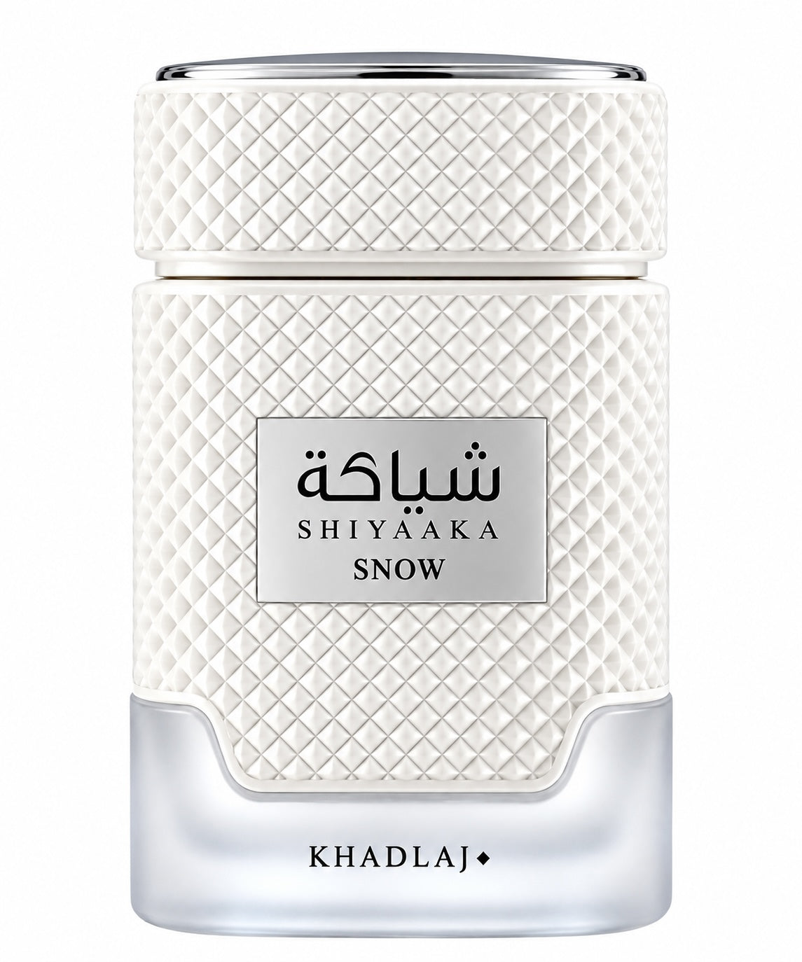 Noor Fragrances KHADLAJ Shiyaaka Snow perfume bottle with a textured white finish and elegant silver accents.