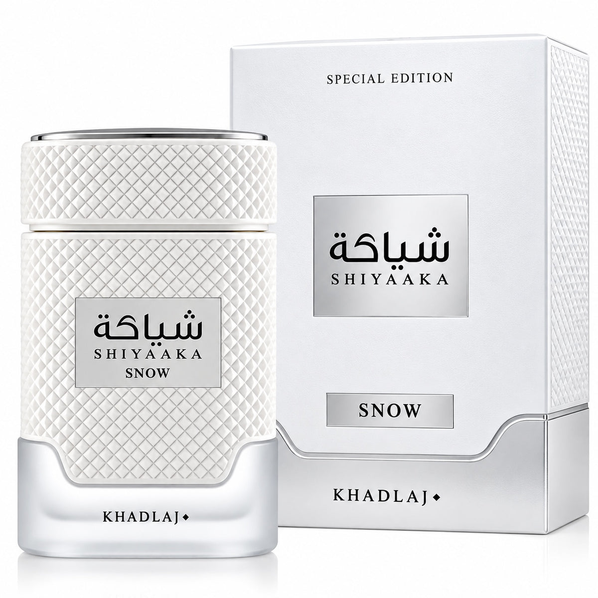 Noor Fragrances Khadlaj Shiyaaka Snow perfume bottle and box with textured white finish and silver accents.