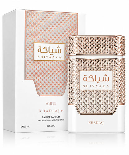 Noor Fragrances KHADLAJ Shiyaaka White Eau de Parfum bottle and box with rose-gold textured detailing