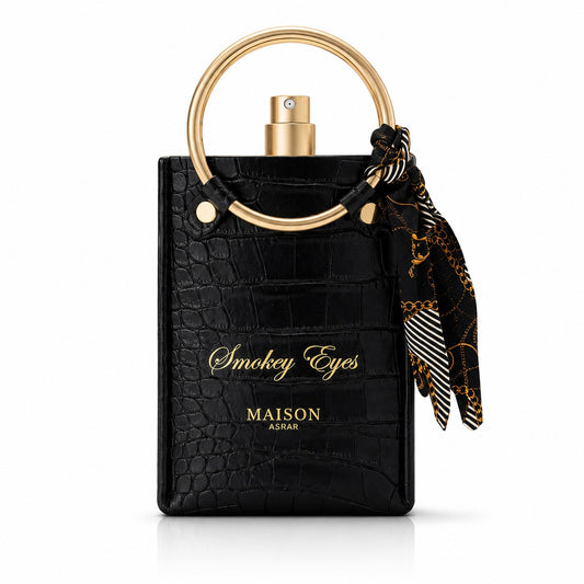 Noor Fragrances Smokey Eyes perfume in a black crocodile-embossed bottle with a gold circular handle and silk scarf.