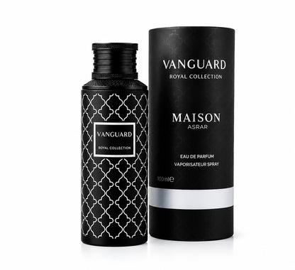 Noor Fragrances Vanguard Royal Collection Eau de Parfum in a black bottle with silver geometric patterns and box.