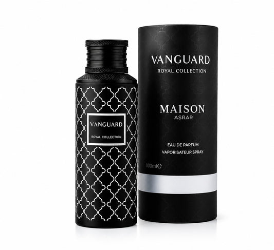 Noor Fragrances Vanguard Royal Collection Eau de Parfum in a black bottle with silver geometric patterns and box.