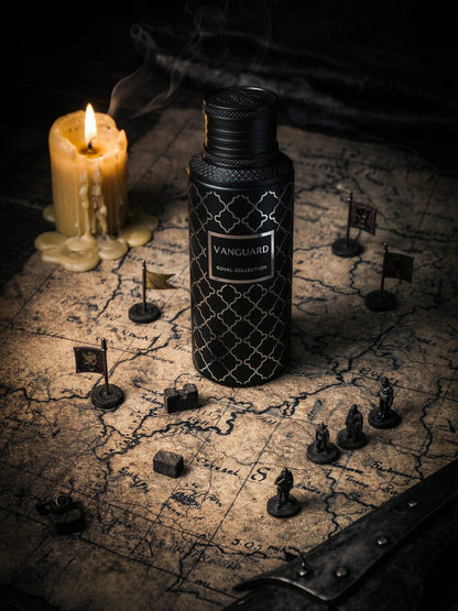 Noor Fragrances Vanguard Royal Collection perfume bottle in matte black with silver geometric patterns on a map.