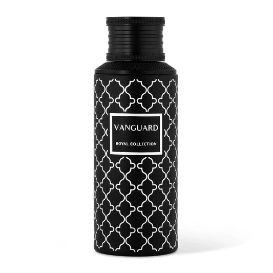Noor Fragrances Vanguard Royal Collection Eau de Parfum in a matte black bottle with intricate silver geometric patterns.