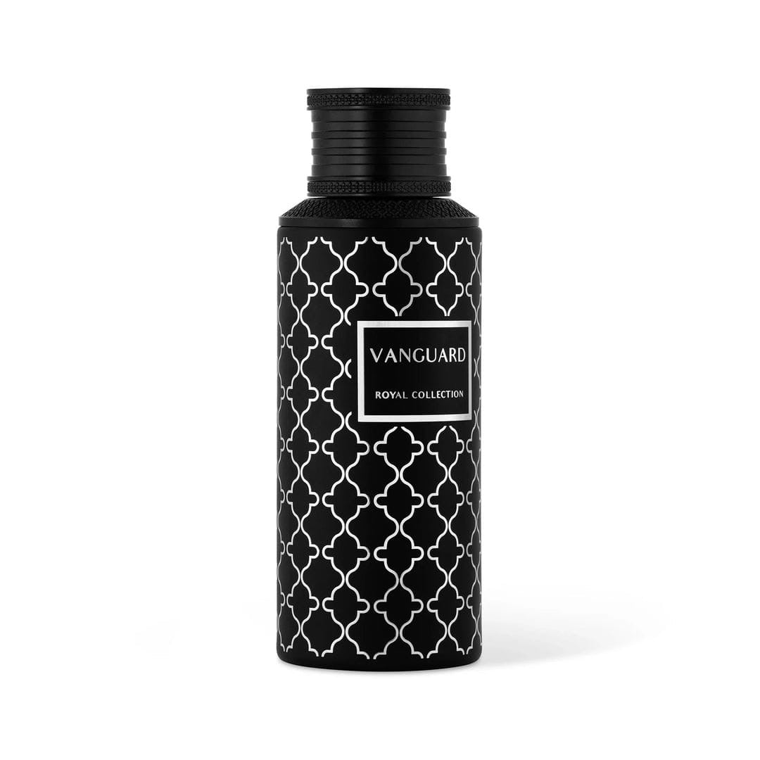 Noor Fragrances Vanguard Royal Collection Eau de Parfum in a matte black bottle with silver geometric patterns.