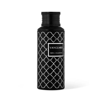 Noor Fragrances Vanguard Royal Collection Eau de Parfum in a matte black bottle with silver geometric patterns.