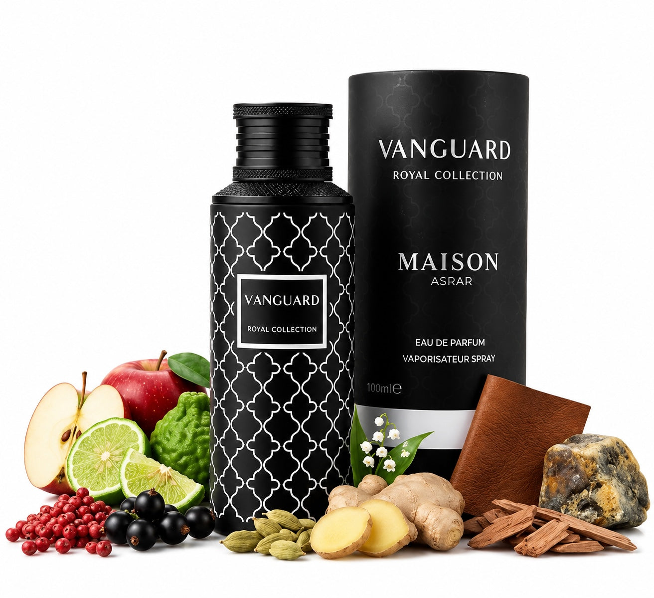 Noor Fragrances Vanguard Royal Collection perfume bottle with ingredients like lime, apple, ginger, and leather.