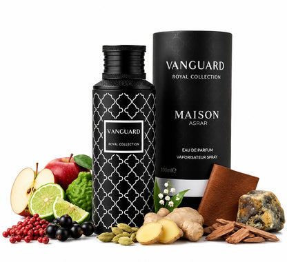 Noor Fragrances Vanguard Royal Collection perfume bottle with ingredients like lime, apple, ginger, and leather.