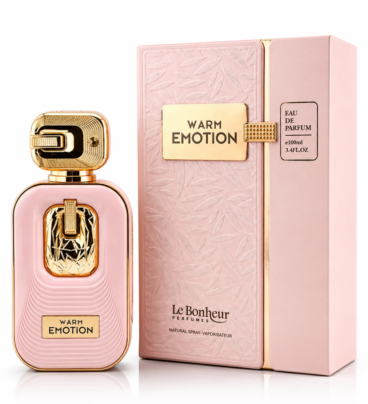 Noor Fragrances Le Bonheur Warm Emotion perfume bottle and box in blush pink with gold accents and textured details.