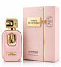 Noor Fragrances Le Bonheur Warm Emotion perfume bottle and box in blush pink with gold accents and textured details.