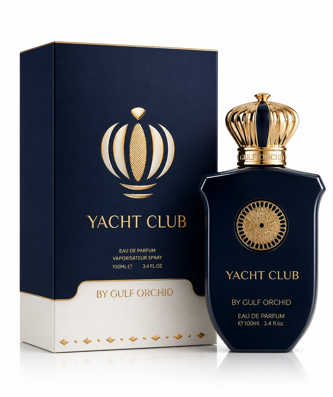 Noor Fragrances Yacht Club Eau De Parfum in a navy bottle with a gold crown cap next to its matching navy gift box.
