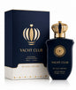 Noor Fragrances Yacht Club Eau De Parfum in a navy bottle with a gold crown cap next to its matching navy gift box.