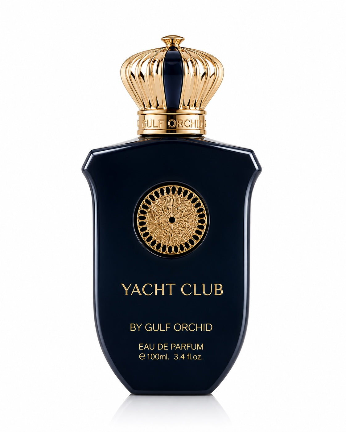 Noor Fragrances Yacht Club Eau De Parfum in a deep navy bottle with gold filigree and a regal crown-shaped cap.