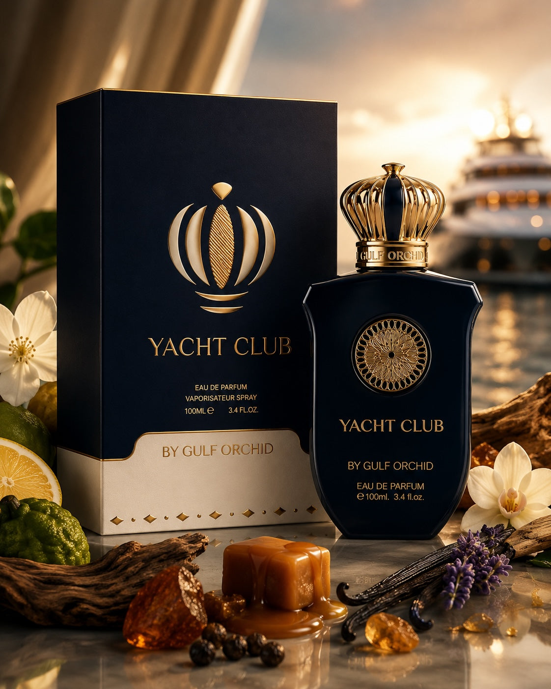 Noor Fragrances Yacht Club Eau De Parfum in a navy bottle with gold crown cap and matching box, set with citrus.